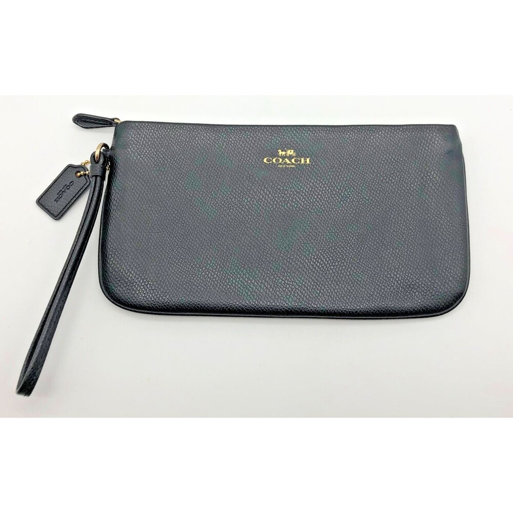 Coach Corner Zip Wristlet Black Gold Logo Crossgrain Leather 9x5 in